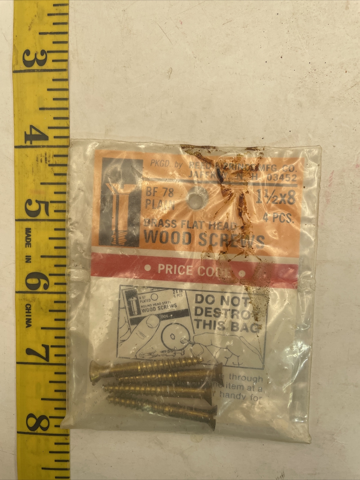 Vintage NOS Brass Flat Head Wood Screw Pack Of 4 1-1/2” X 8 GA31
