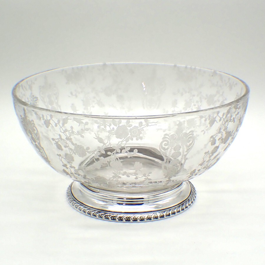 Cambridge Glass Rose Point Serving Bowl Sterling Silver Foot Wallace