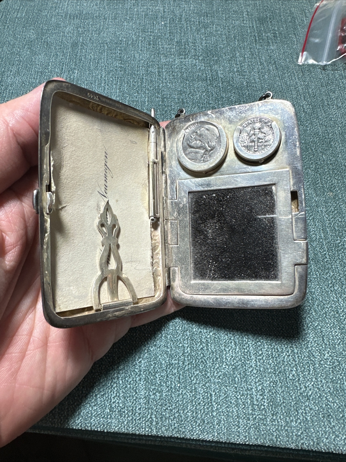 Antique Engraved Sterling Silver Mirror Card Coin Purse Compact Case