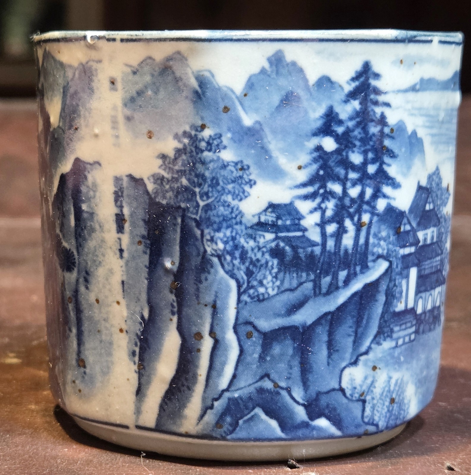 Antique Asian Blue White Transferware Landscape Brush Pot Desk Cachepot Octagon