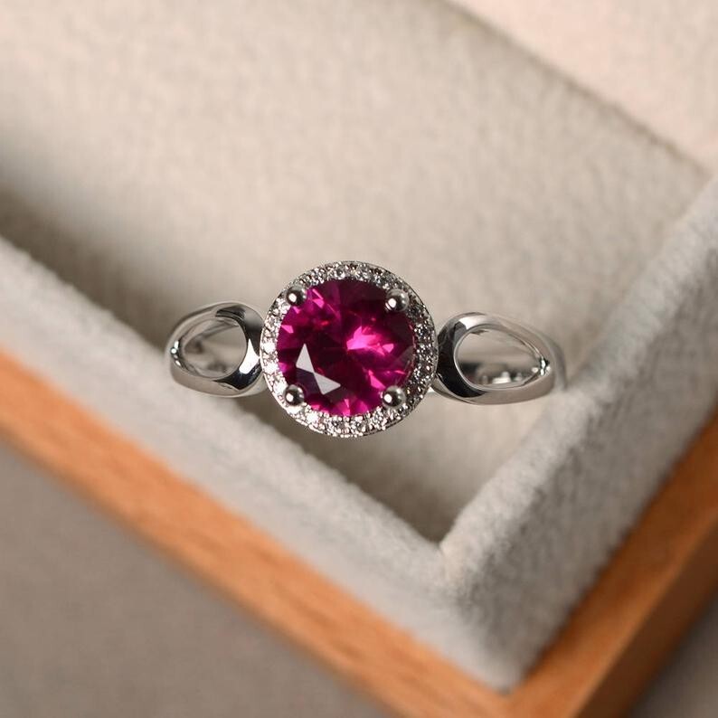 1.65 Ct Round Natural Ruby Diamond Engagement Ring 14K White Gold Size 5