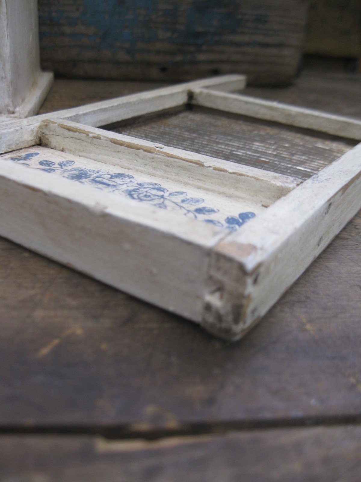 Primitive Antique Wood & Tin Toy Washboard Blue and White Paint Inlay