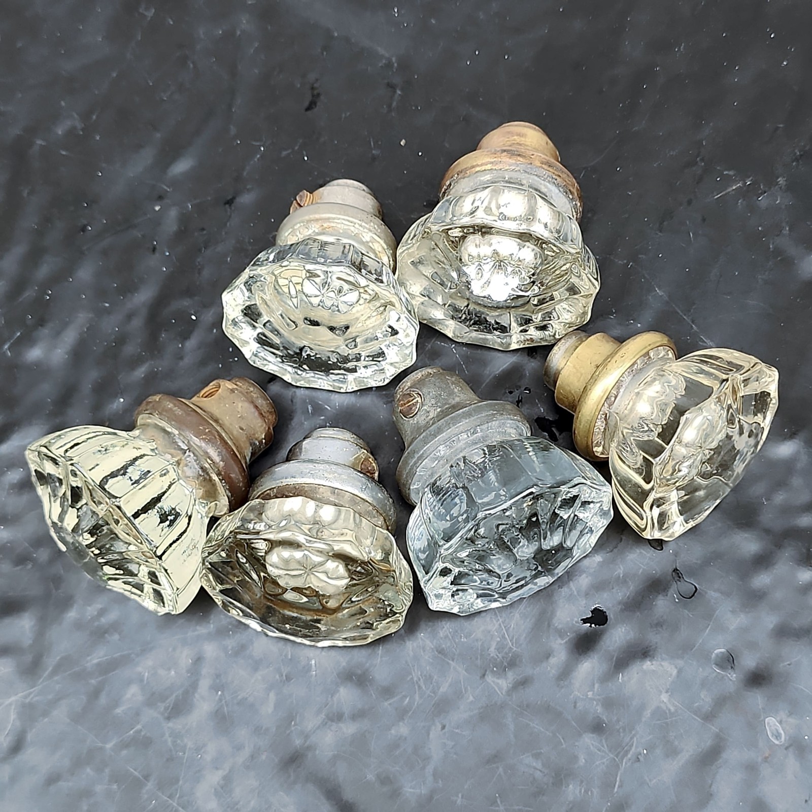 Antique Crystal Glass Door Knobs Lot 6 12-Sided Brass Architectural Hardware