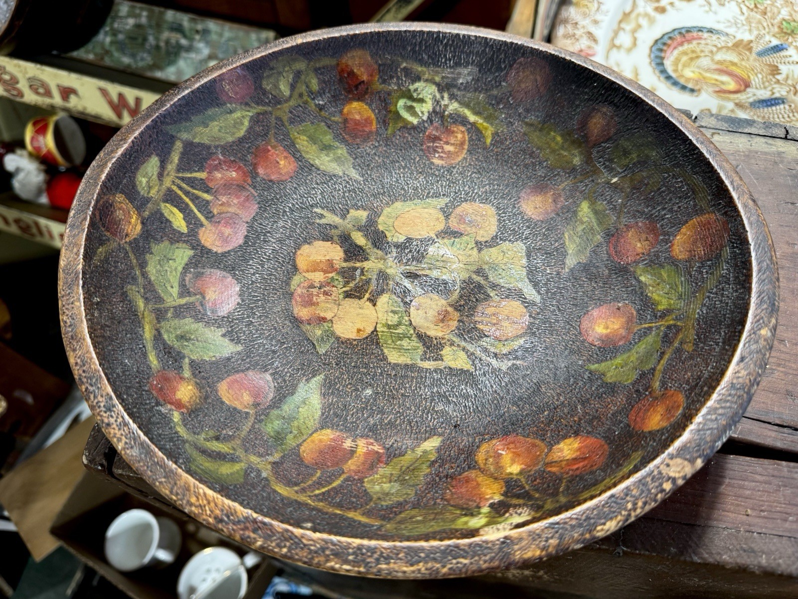 ANTIQUE PRIMITIVE WOOD BOWL DOUGH Decorated Carved Flowers 1908
