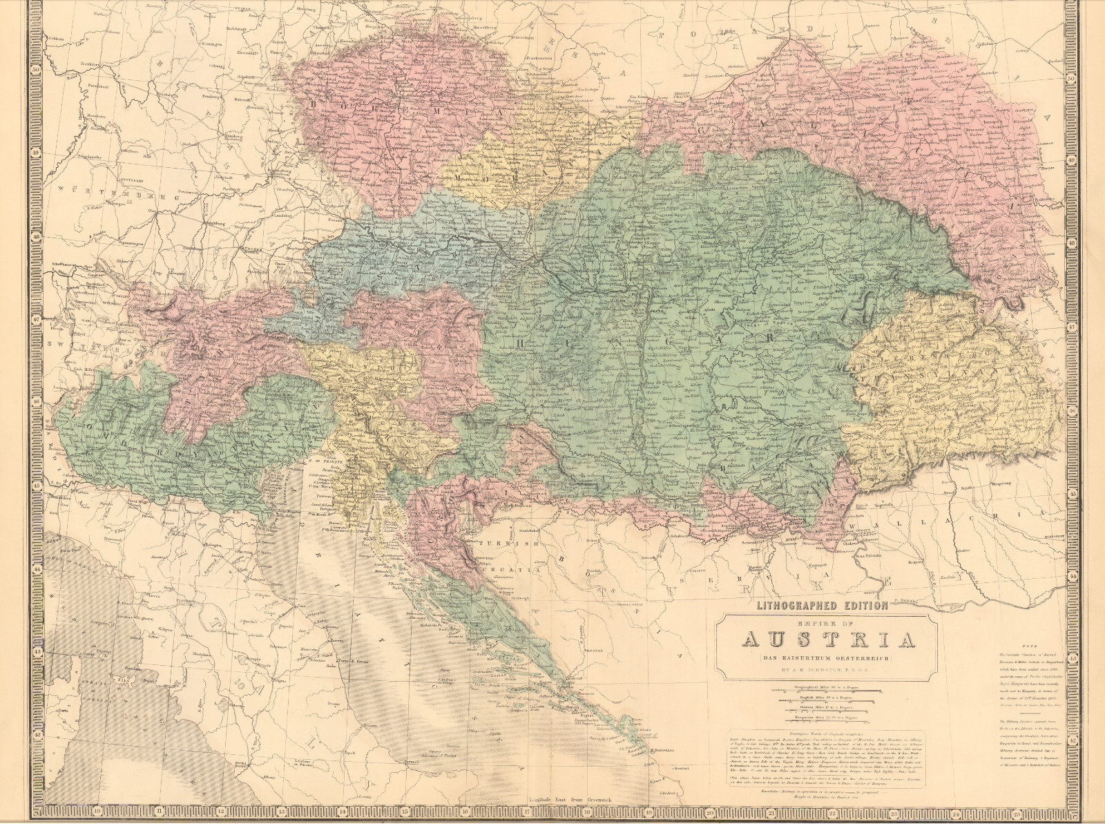 1845 Austria map by A.K. Johnston ~ 25.8″ x 21.2″ Antique Pastel Color Huge