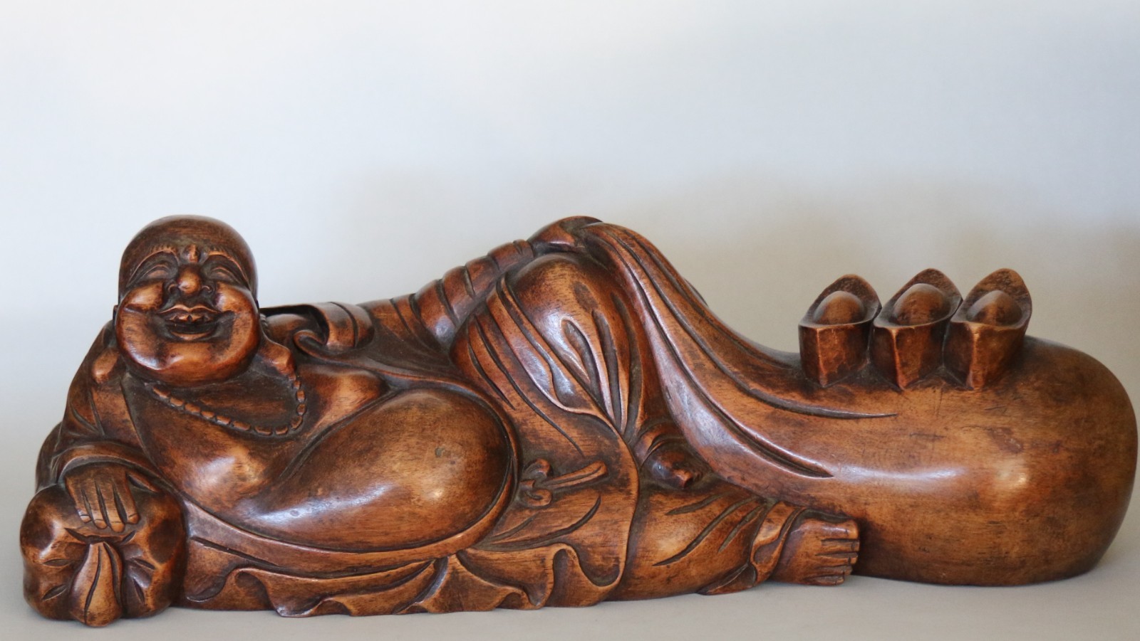 Large Antique Chinese Carved Wood Statue of Laughing Buddha 42cm (16in) Long