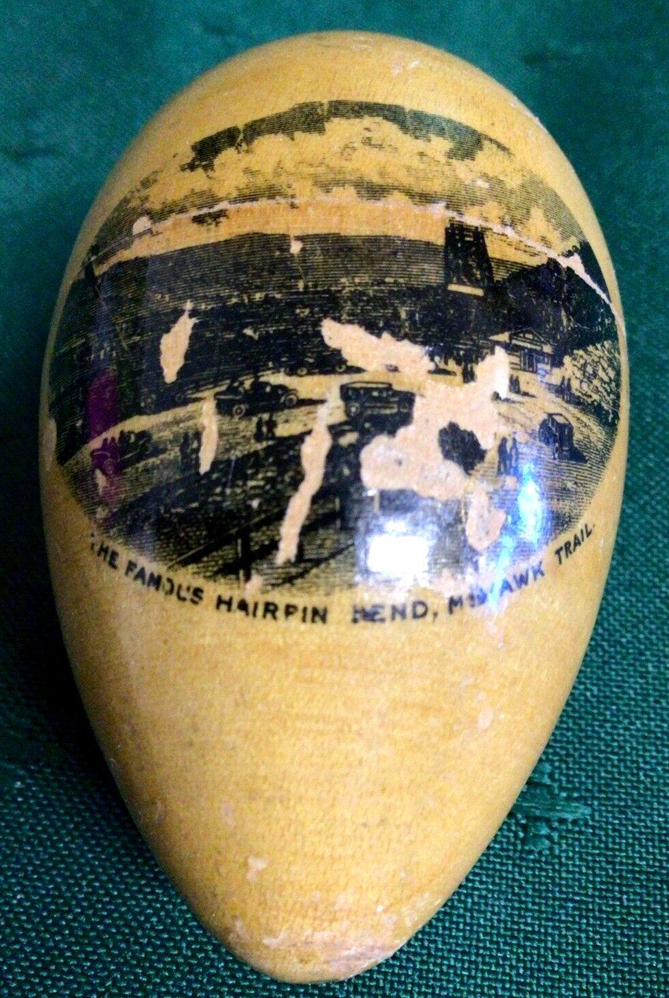 Antique Mauchline Ware Wood Egg Thread Thimble Holder HAIRPIN MOHAWK TRAIL USA
