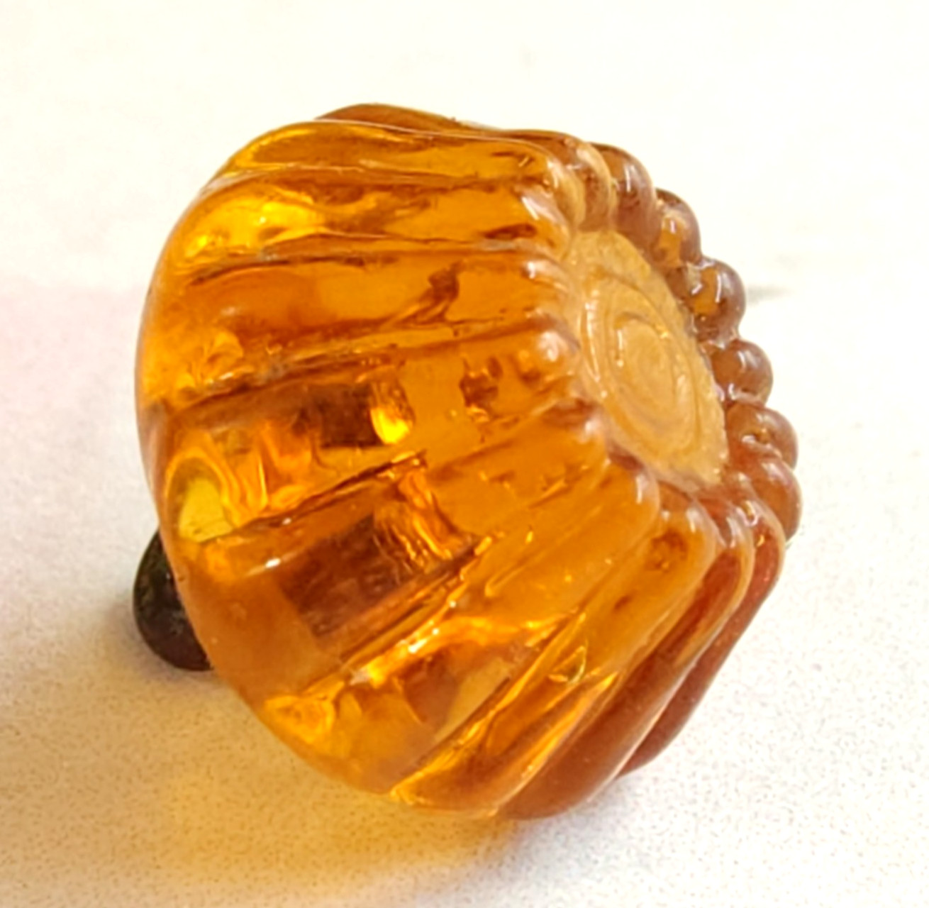 Antique Amber Glass Jello Pudding Mold Swirlback Charmstring Button ~ 7/16″