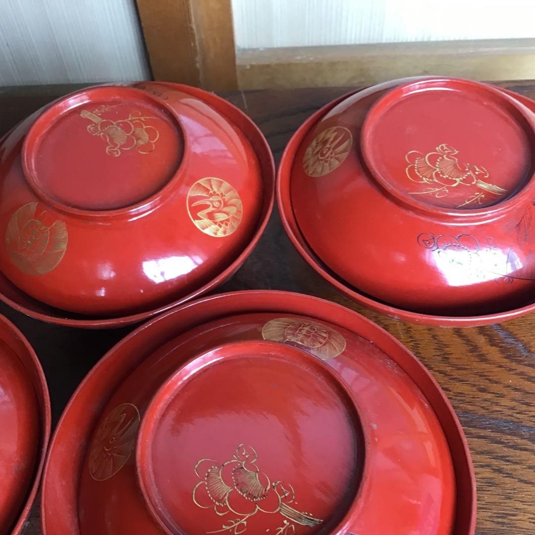 N/A Wajima Lacquer Red Ground Crane Turtle Plum MakiE Soup Bowls 5 Set