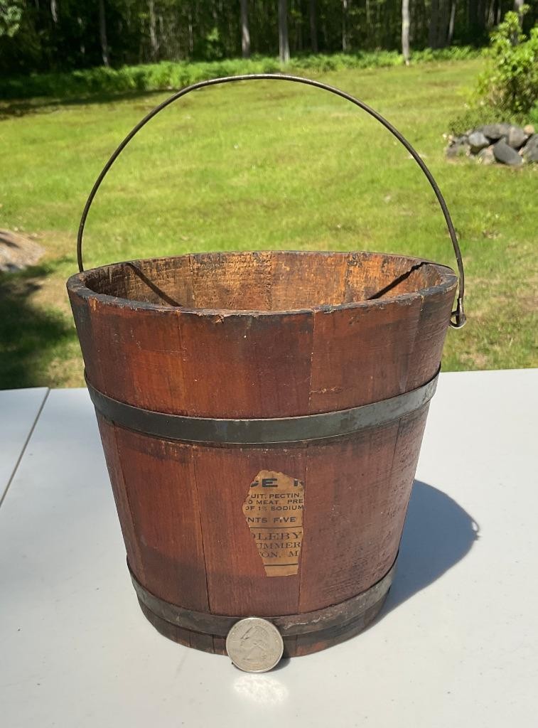 Small Antique Wood Stave Mince Meat Pail Bucket Swing Handle 2 Metal Band 6.25″H