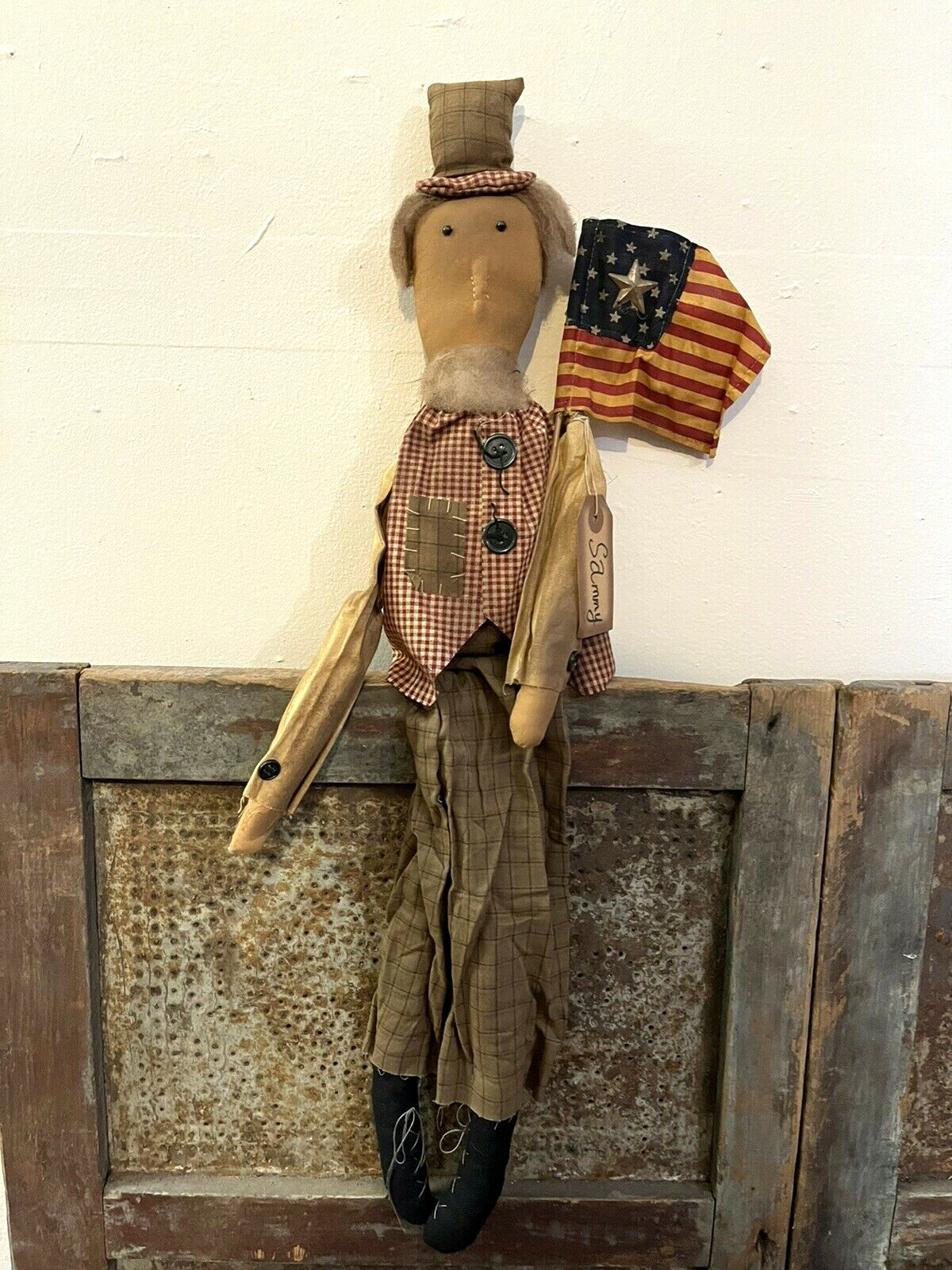 USA Patriotic Grubby Primitive Rustic Tea Stained Uncle Sam Sammy Doll Flag 24″