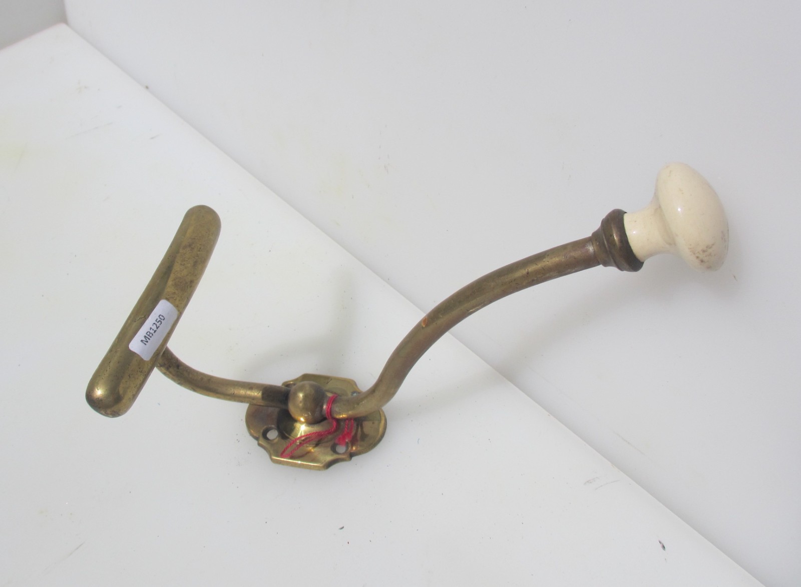 Large Victorian Brass Coat Hook Hat Hanger Old Ceramic Ball End Antique Gilt 9″H