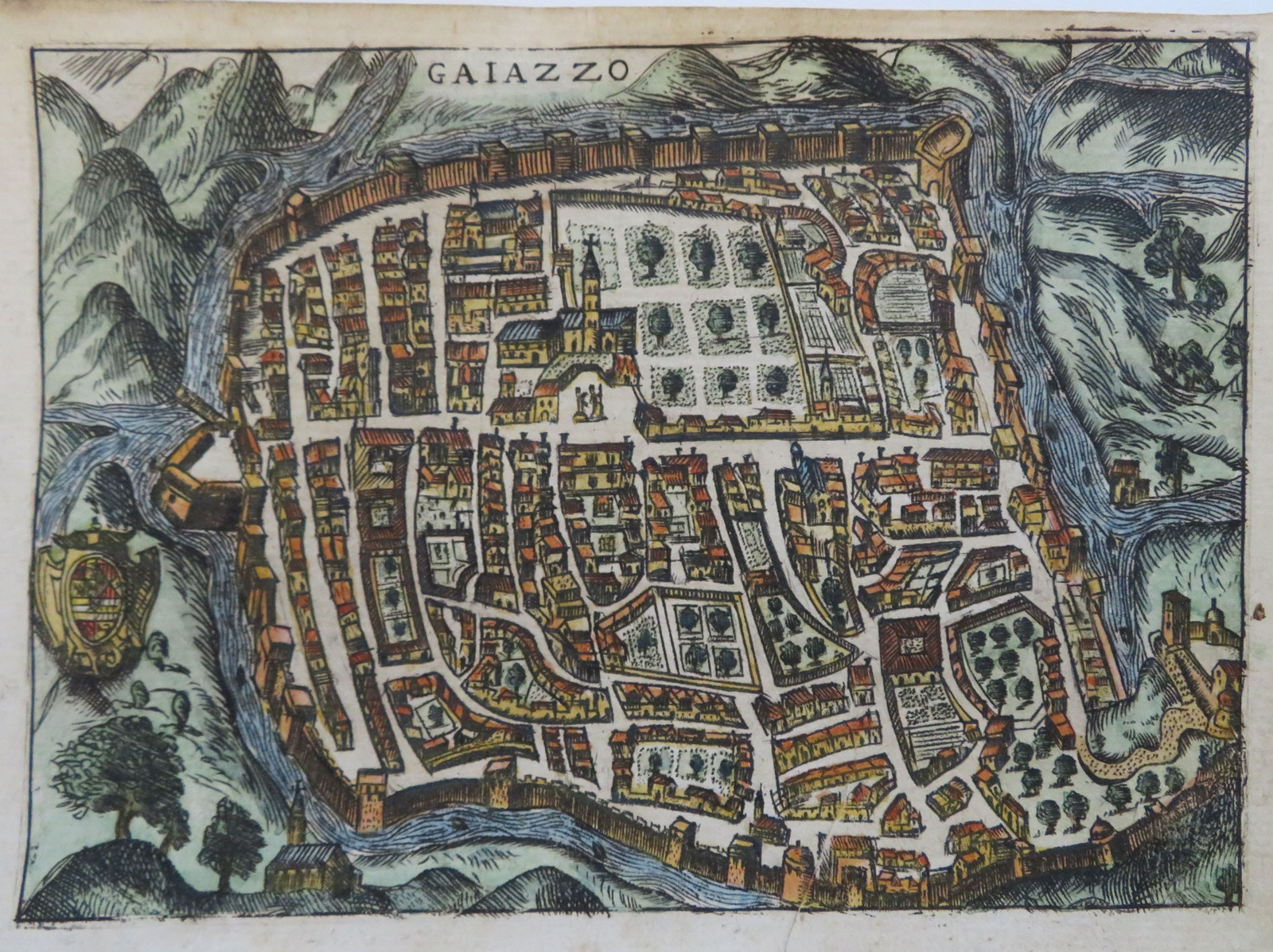 Gaiazzo Italy Bergamo City Plan Bird’s Eye View 1629 Bertelli engraved print