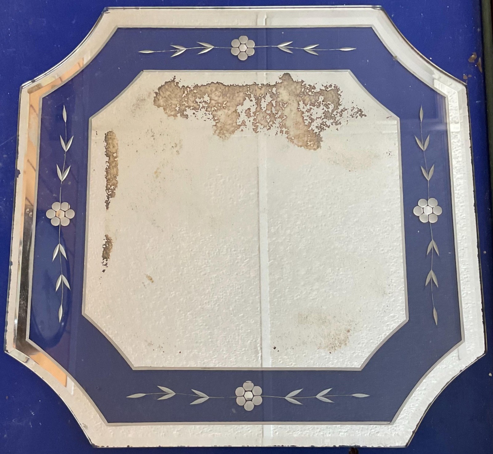 Shabby Vintage Antique Art Deco Etched Flowers Glass 12” vanity dresser Mirror