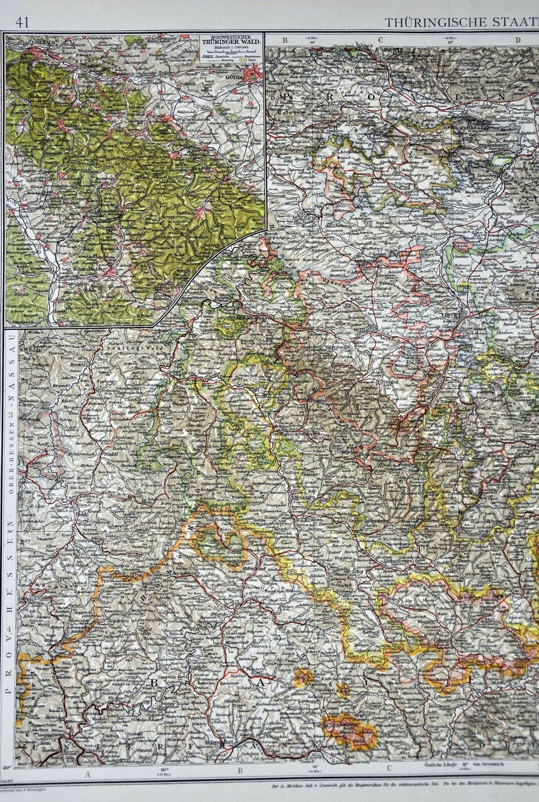 1901 Andrees Map Germany Thuringische Thuringia Frankfurt Gotha Weimar Halle