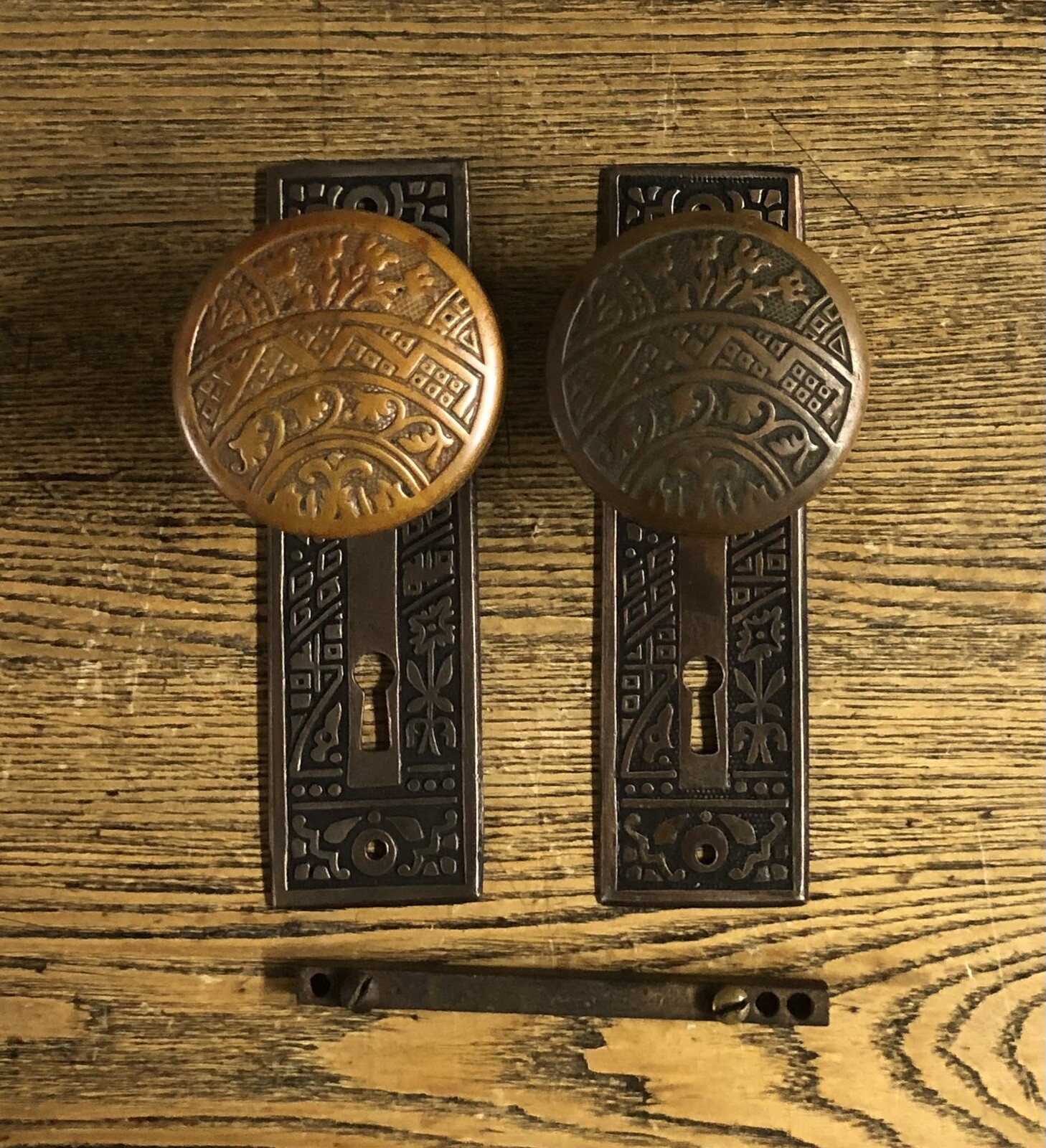 2 Antique Wrought Bronze “Ceylon” Doorknobs & Door Plates by Corbin, c1895