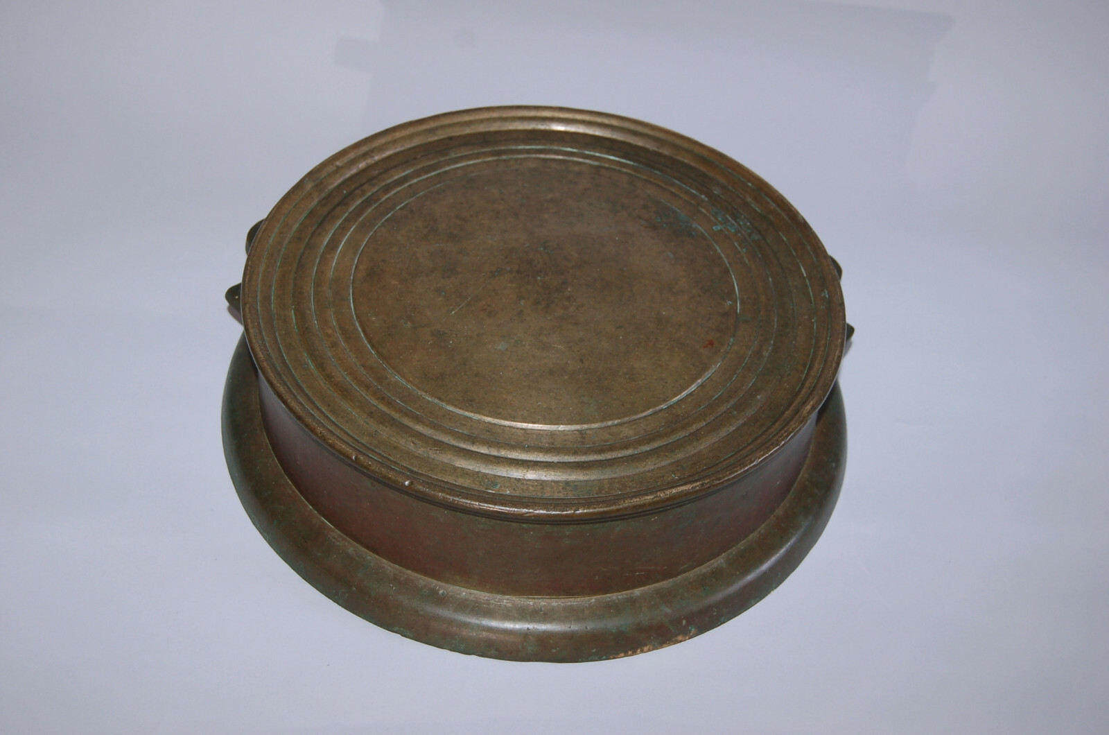 Yellow bronze brass cylindrical musical gong, kane, Zenshoji temple, Japan