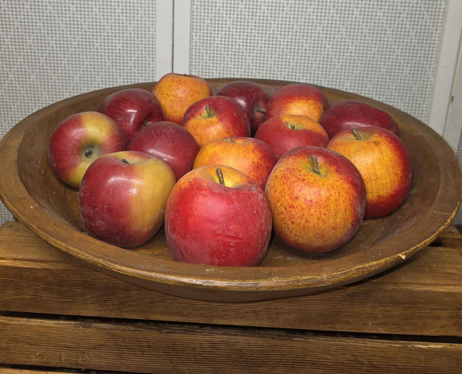Rustic out-of-round treenware dough bowl filled w/ realistic apples. 18.25x17x3.