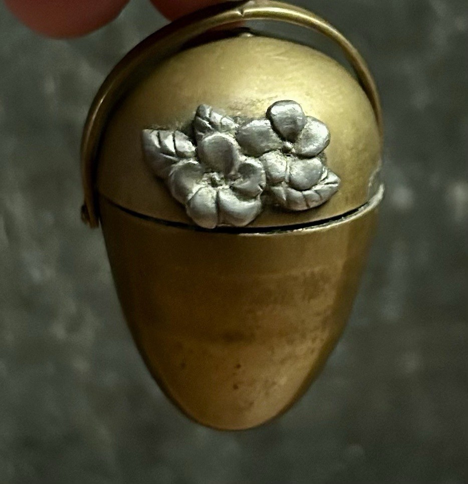 Victorian Brass Thimble Holder Sewing Egg 2″ Silver Flowers Chatelaine 1880s