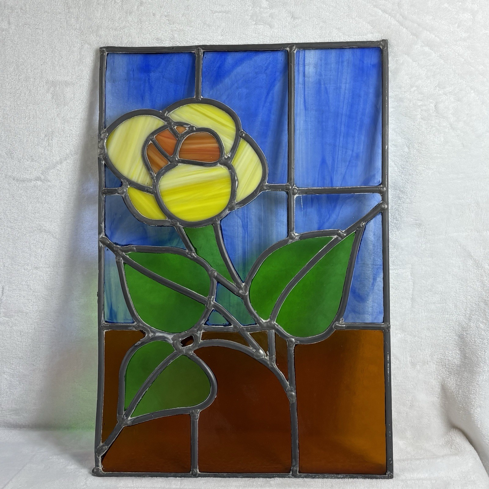 Vintage Stained Glass Window Panel Art Nouveau Flowers 12”Wx17.75”H