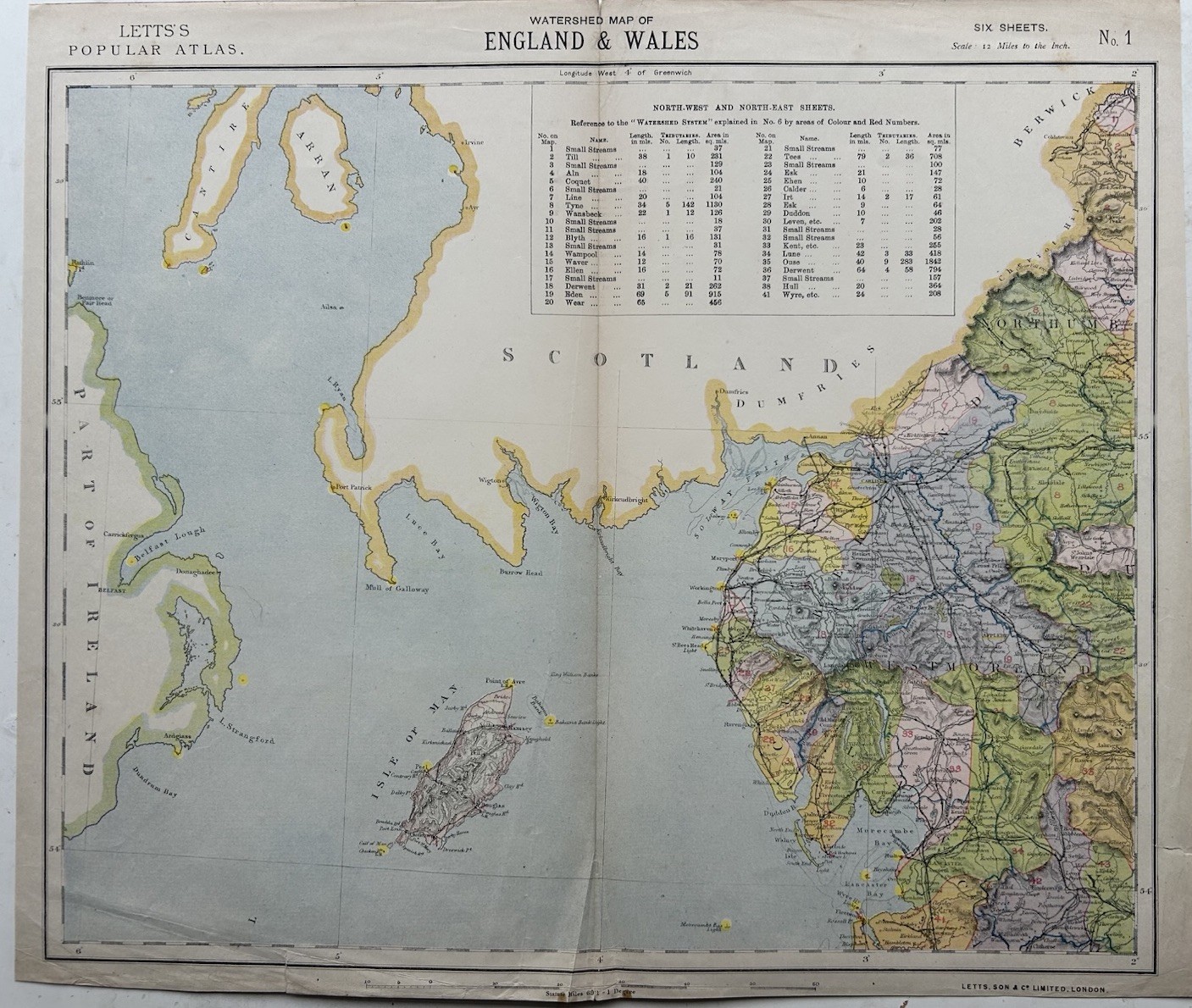 1883 Northwest England Original Antique Colour Map by Letts