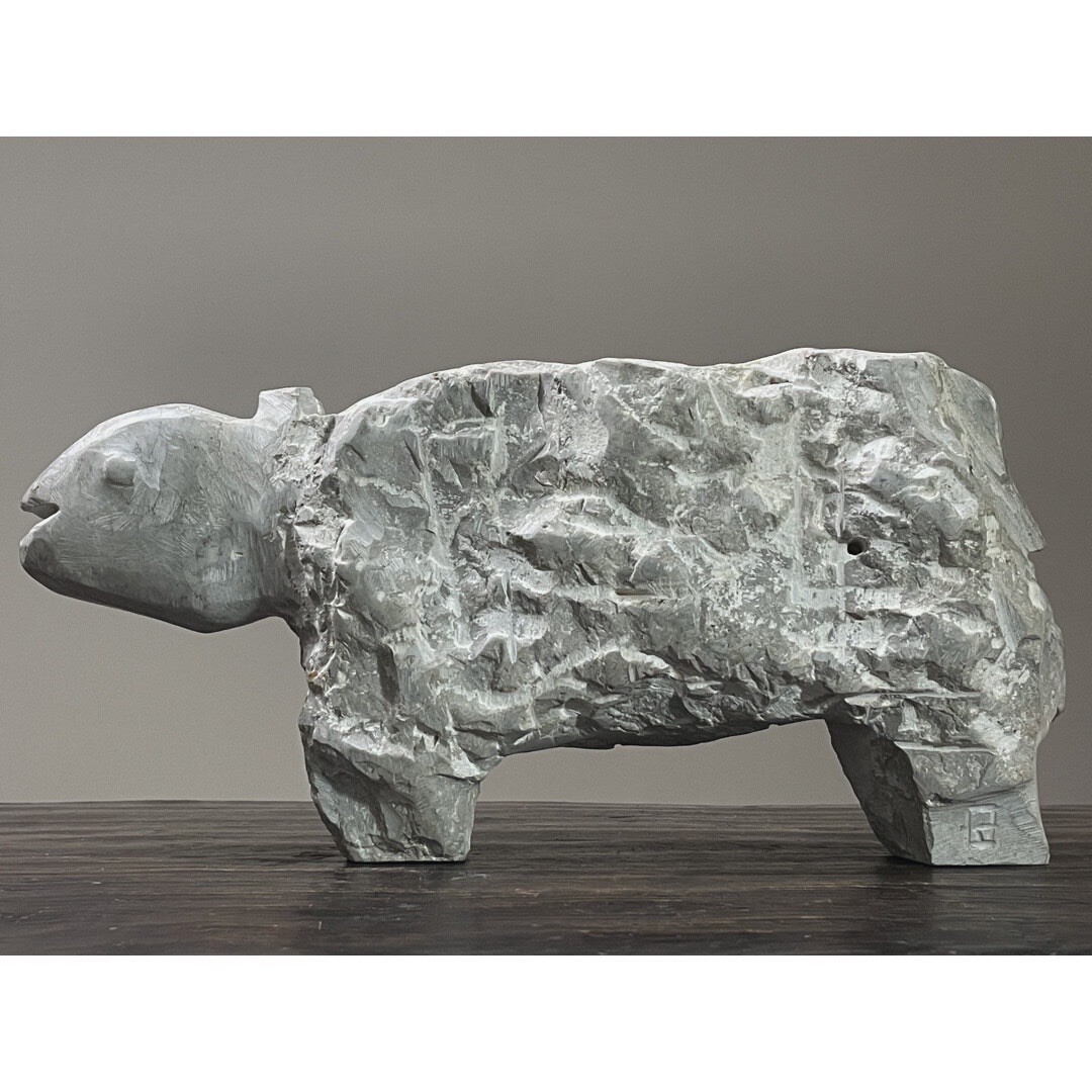 Large Vintage Hand Carved Primitive Grey Stone Lamb Sculpture, Signed