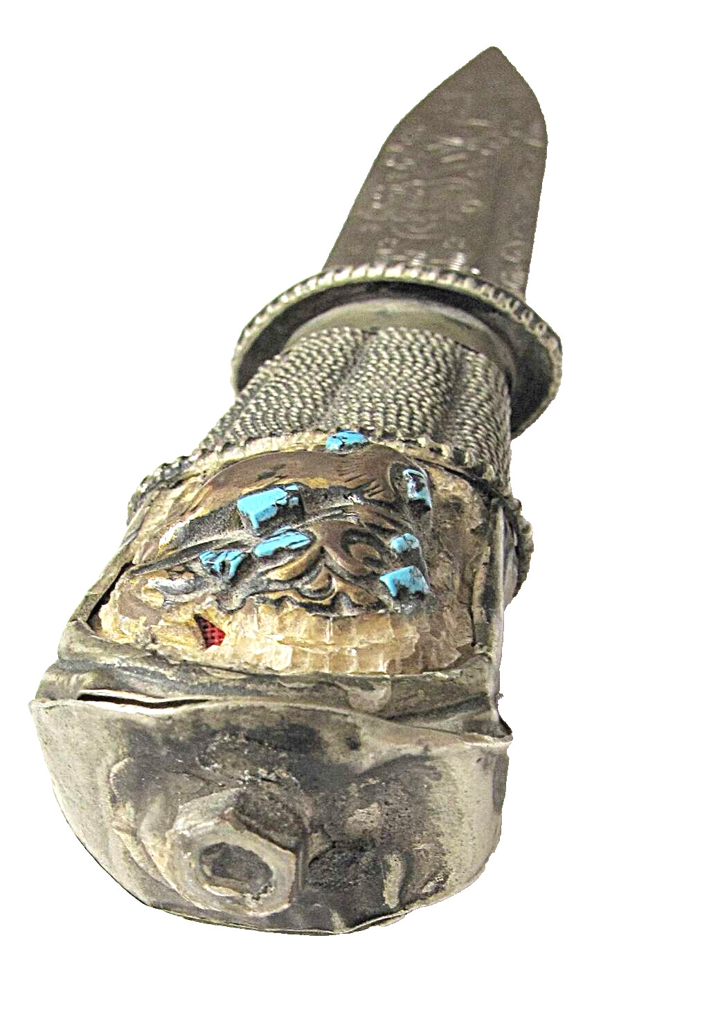 Tibet Antique low grade silver dagger with dragon, marked engraved steel blade.