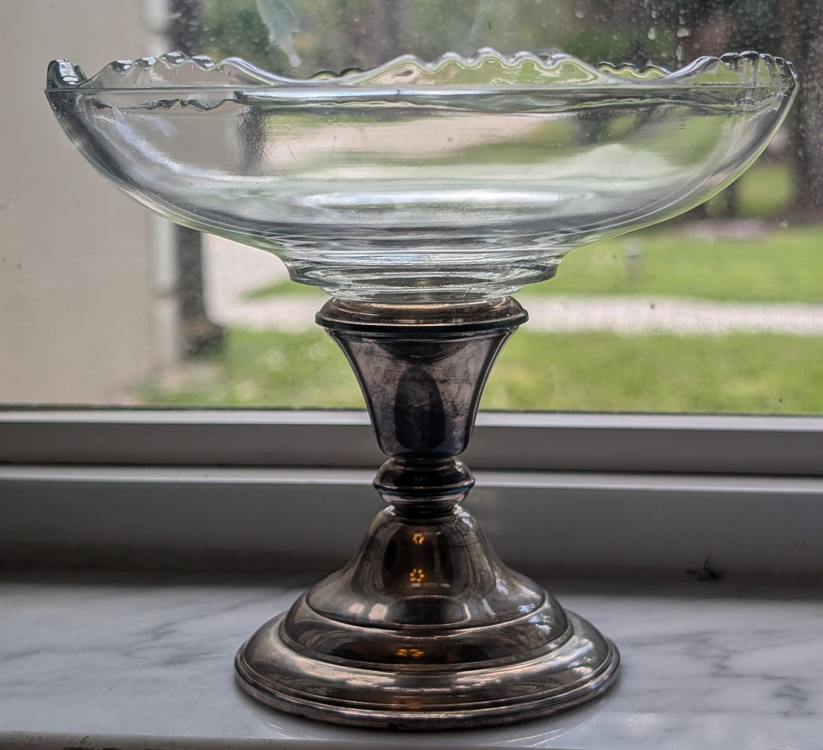 Frank M Whiting 2001 Sterling Silver Weighted Base Clear Glass Compote Bowl 6″