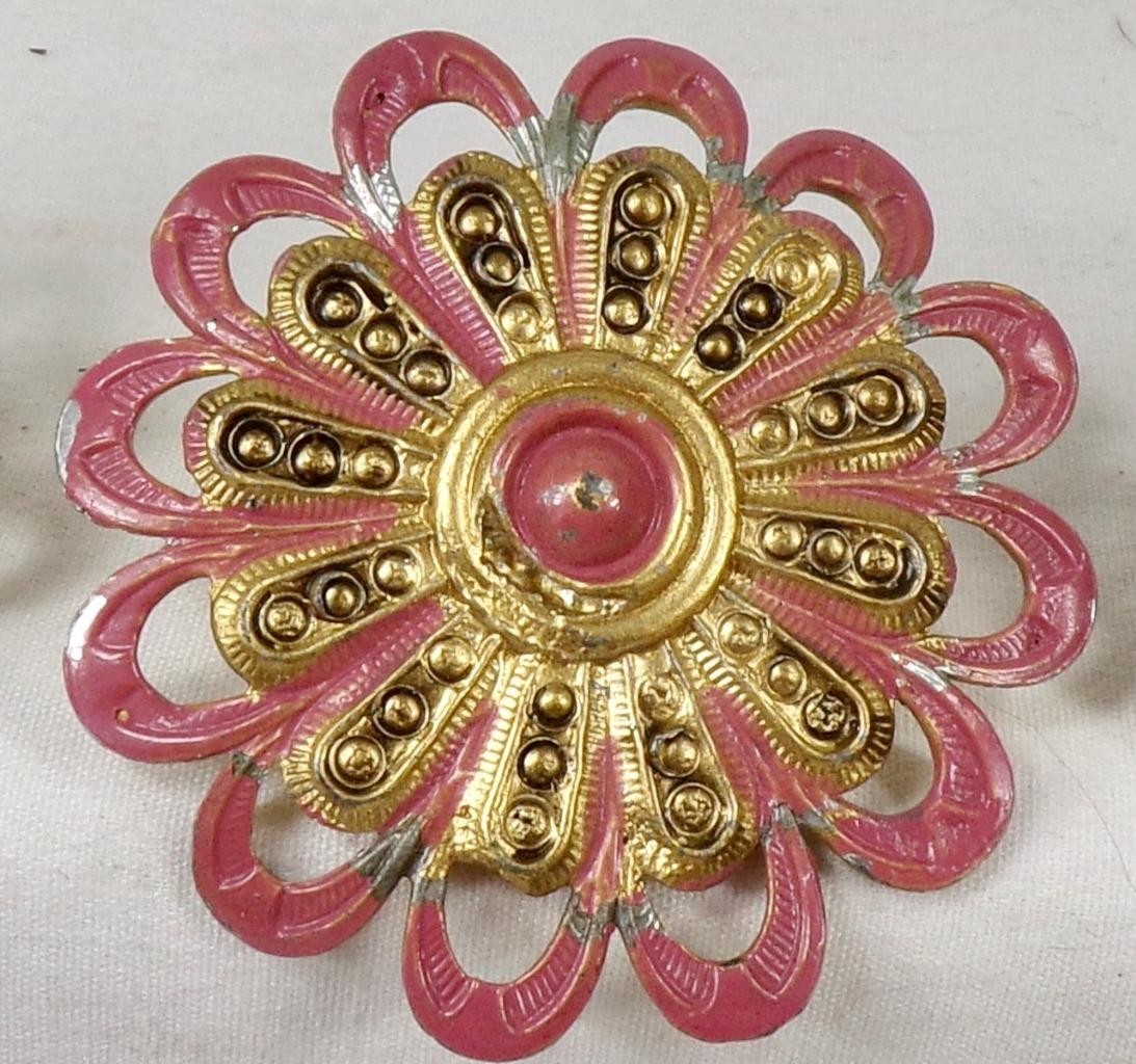6 Curtain Pins Pink Gold Flower Filagree Metal Retro Mid Century Kitsch #4