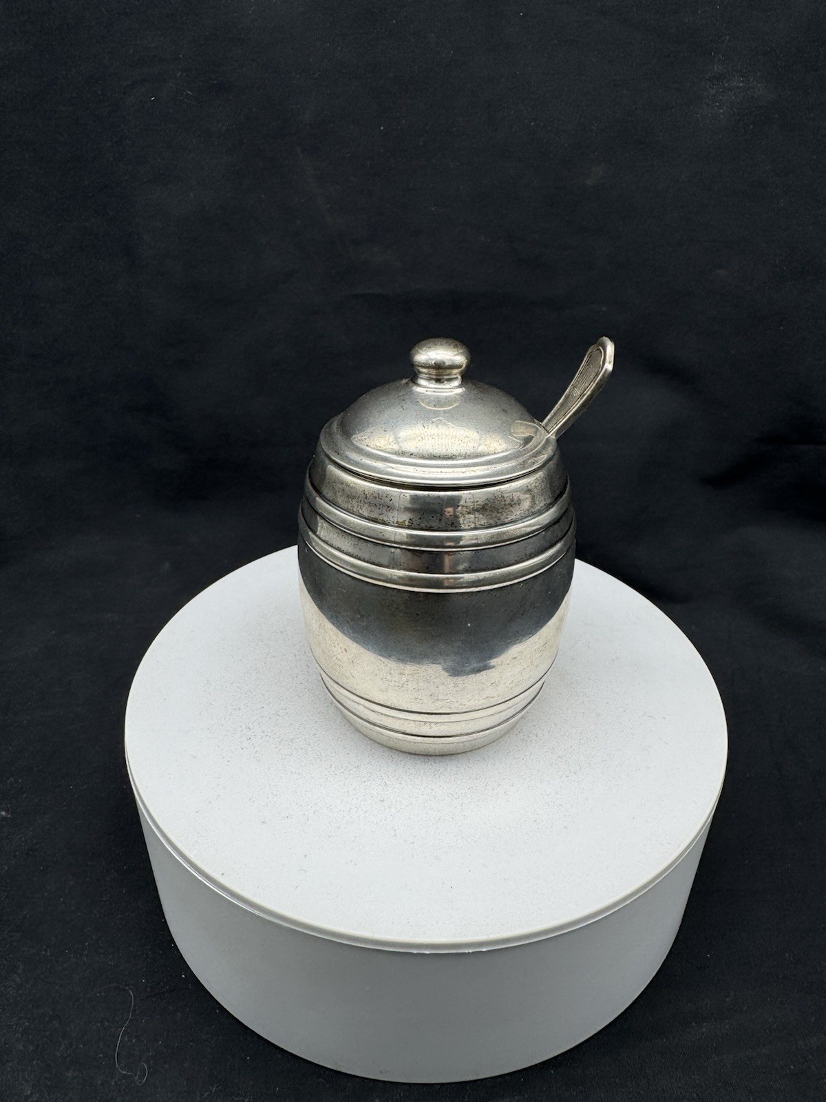 Vintage Sterling Silver Barrel Shaped Jar with Lid & Spoon, 57 grams