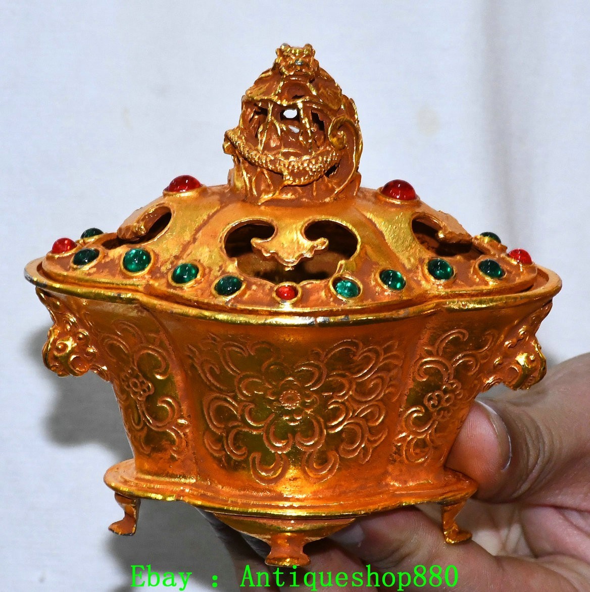 4.7”Old Chinese Dynasty Bronze Gilt inlay Gems Dragon Incense Burner Censer