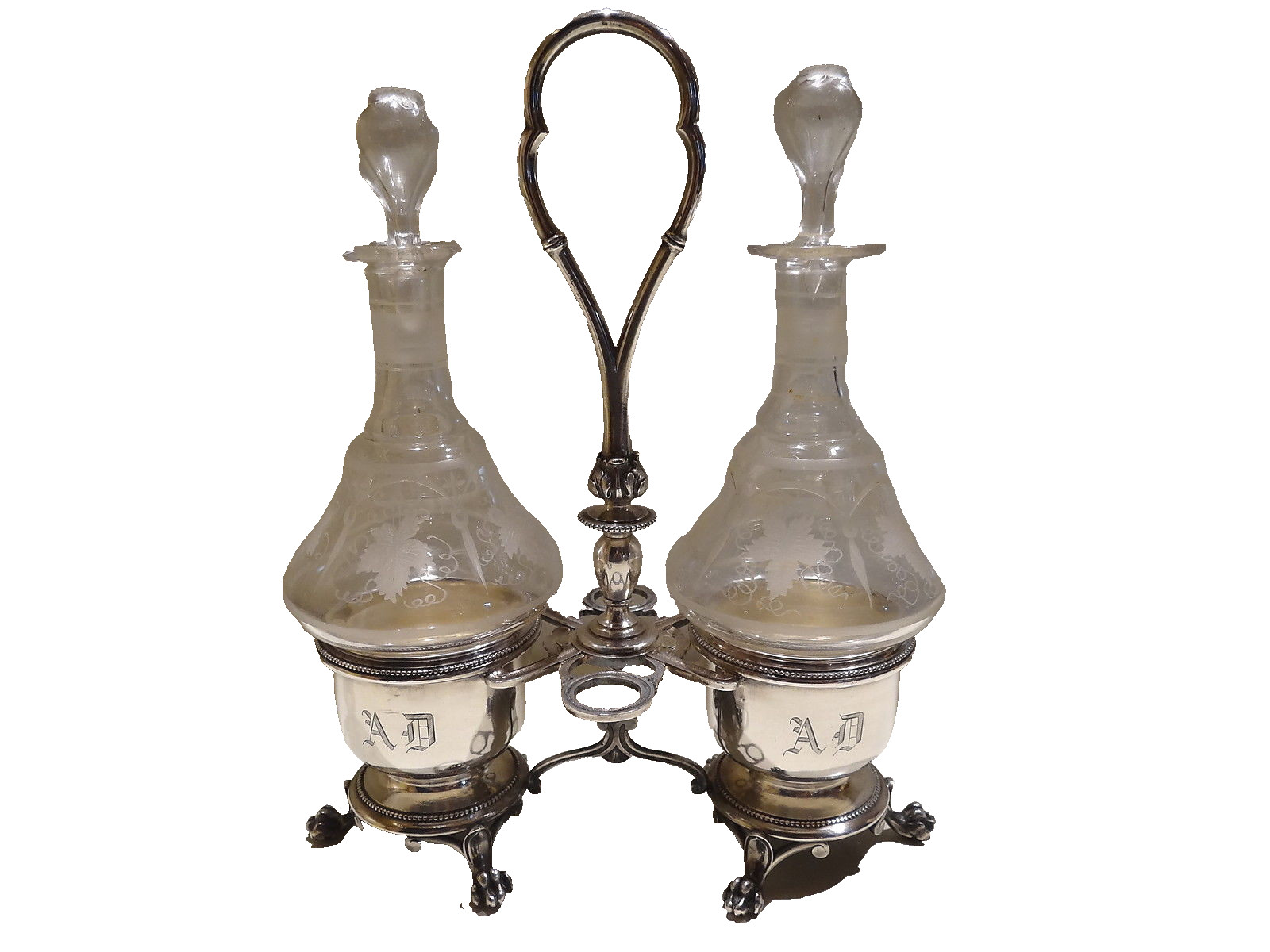 Antique XIX English silver metal crystal glass engraved oil vinegar cruet stand