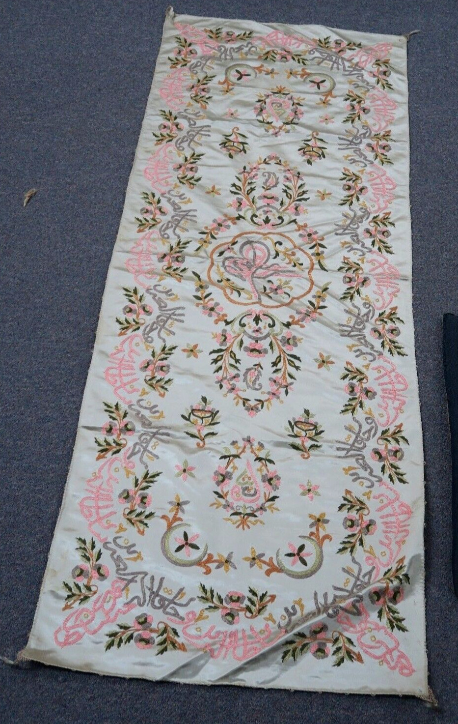 Antique Turkish Ottoman Cloth Shawl Calligraphy Tughra Embroidery Silk 21″x58″