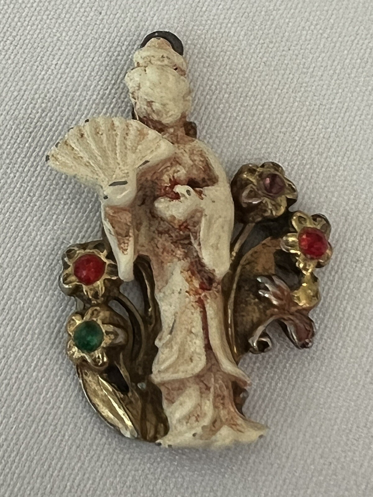 Geisha Pendant Gold Plate Enamel Painted Metal Red Green Rhinestones Flowers