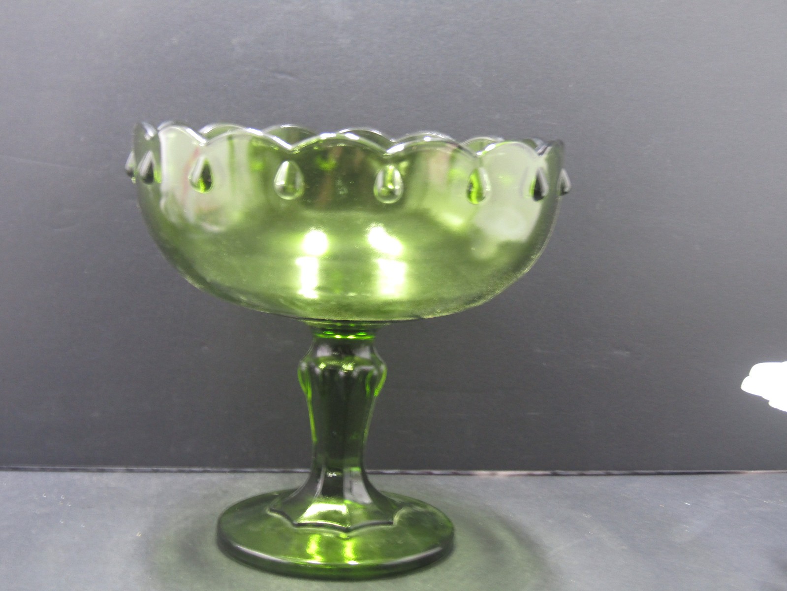 Indiana Glass Teardrop Olive Green Footed Compote 7.75″ Tall 7.5″ Diameter 1960s