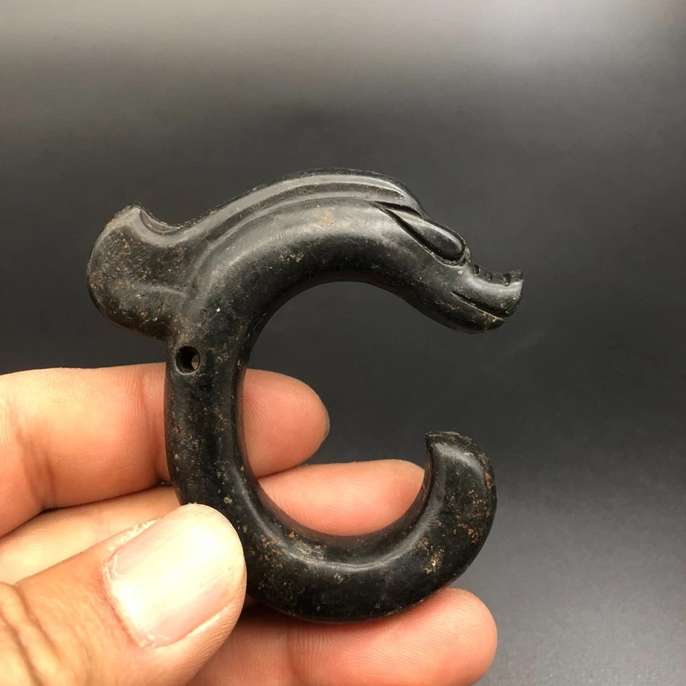 Old Hongshan Culture Meteorite Jade Hand-Carved Pig Dragon Amulet Pendant,K025
