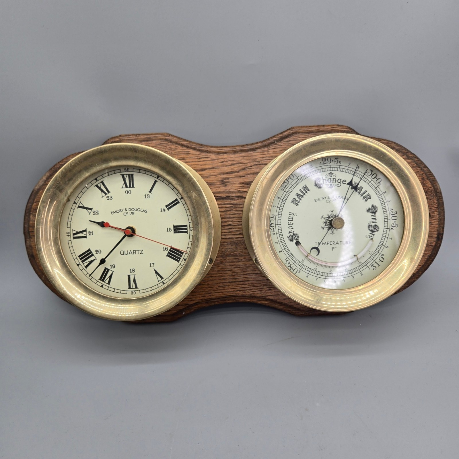 Emory & Douglas Co. Brass Barometer and Ships Clock On Wood Wall Hanging Vintage