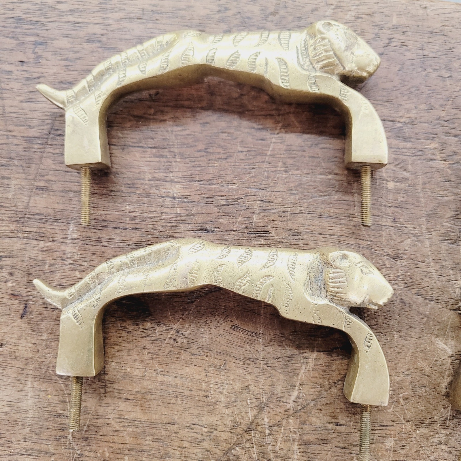Vintage Brass Tiger Drawer Pulls 4pc Set Heavy Cabinet Hardware 4″ Centers