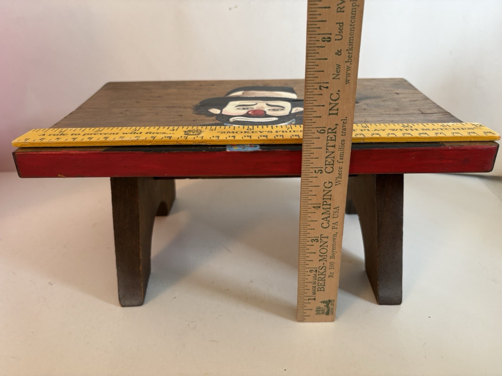 Small Hand Crafted Wood Bench Stool Doll Toy- Painted Clown SignedBy Jean Birch
