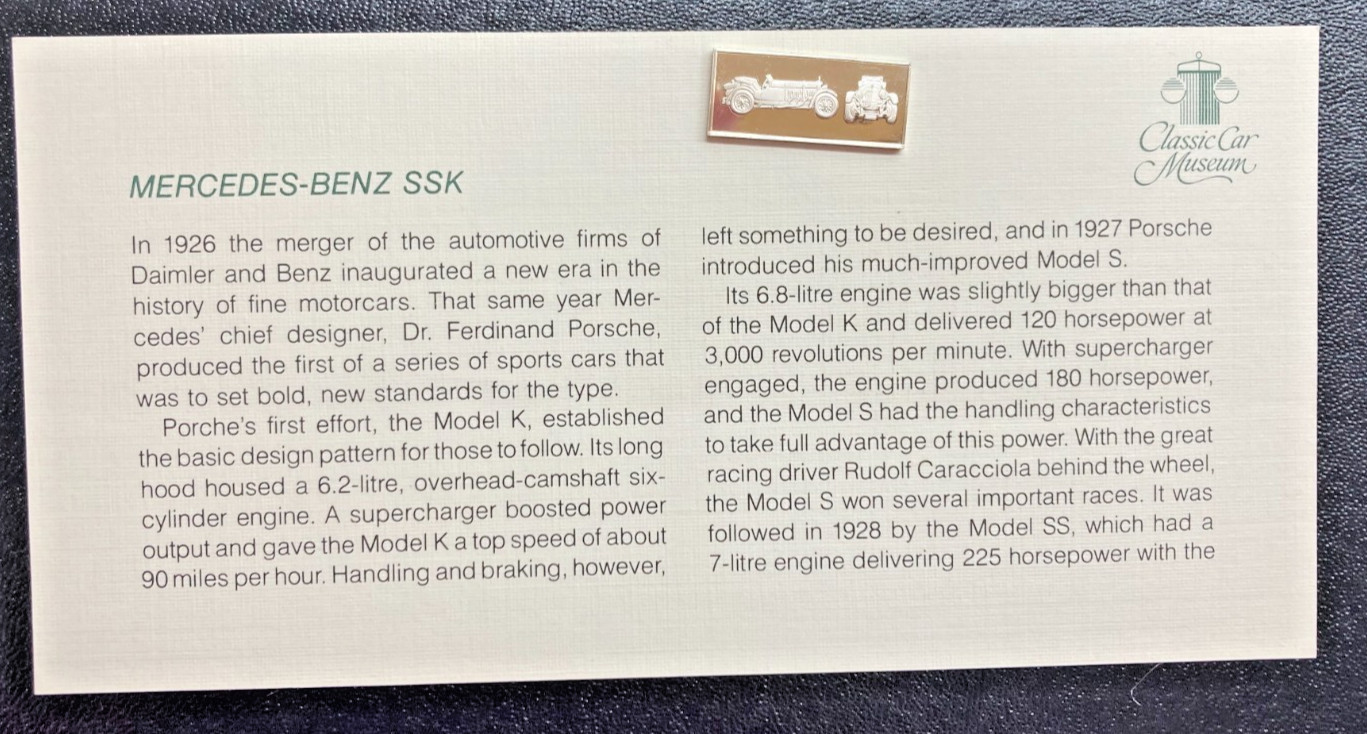 1981 Franklin Mint Classic Car Collection Silver Ingot Mercedes-Benz SSK