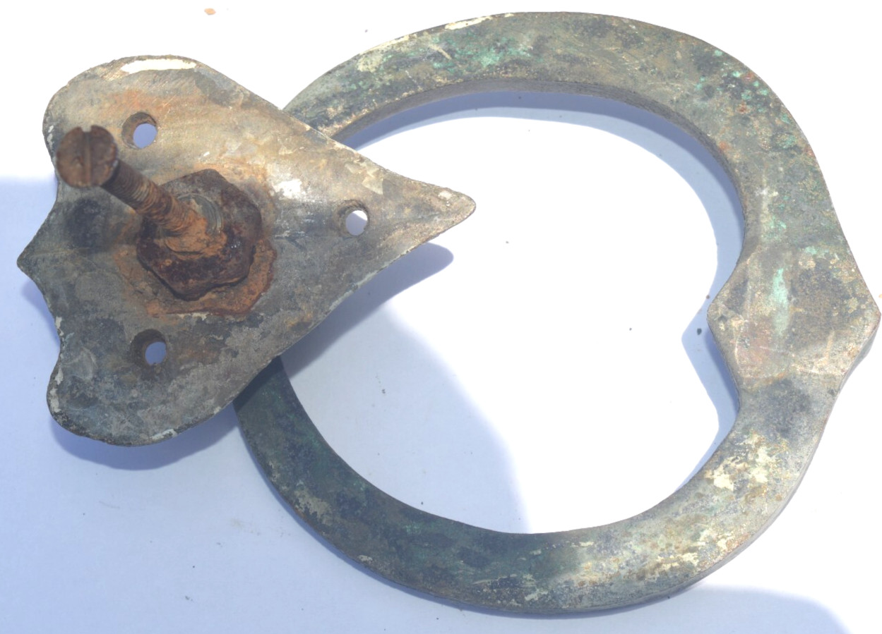 Antique aged Brass Door Knocker ~Shield mount , heavy handle, tarnish Hand Forge