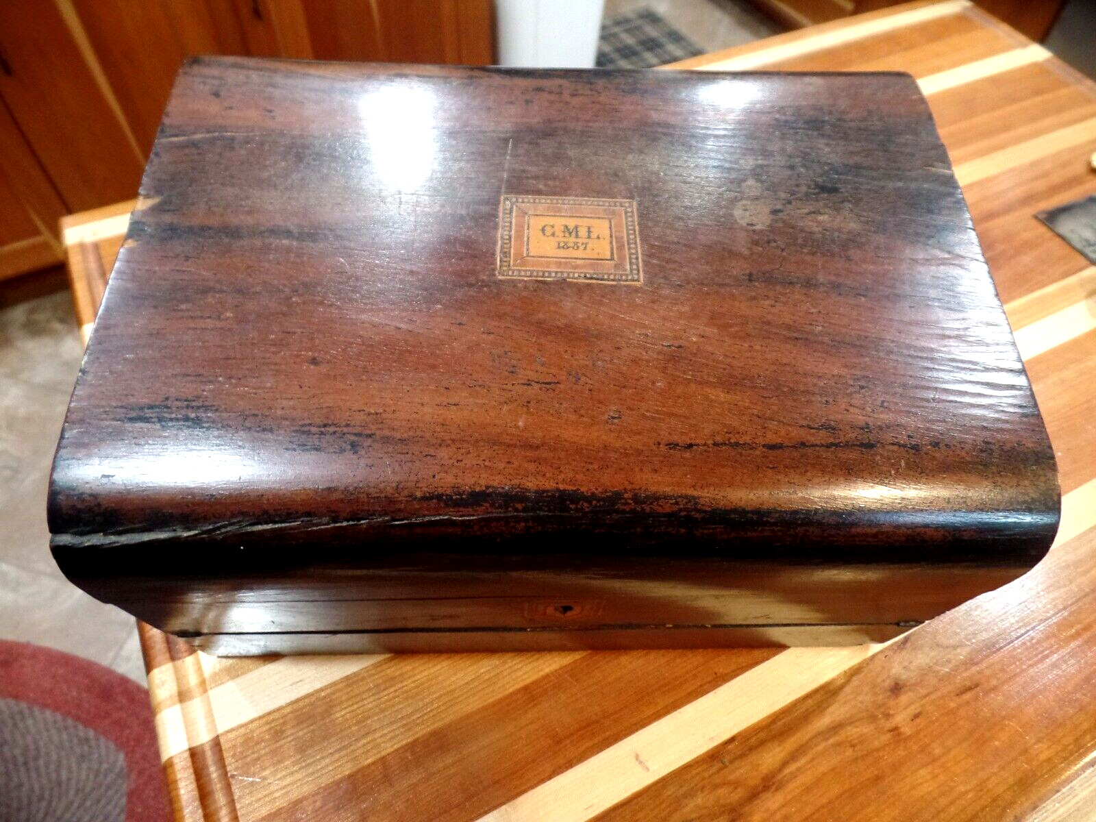 ANTIQUE INLAID ENGRAVED AND DATED 1887 OUTSTANDING CUSTOM MADE LAP DESK