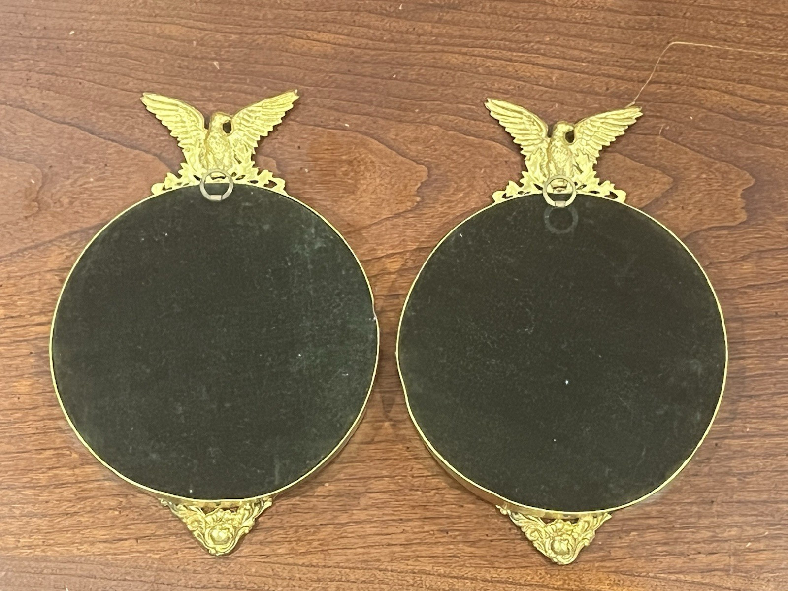 Vintage Pair of Small Gilt Brass American Eagle Crest Convex Mirrors