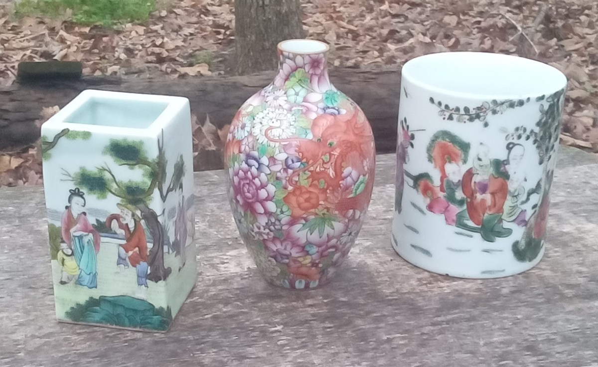 Chinese Vase and Pair Of Brush Pots