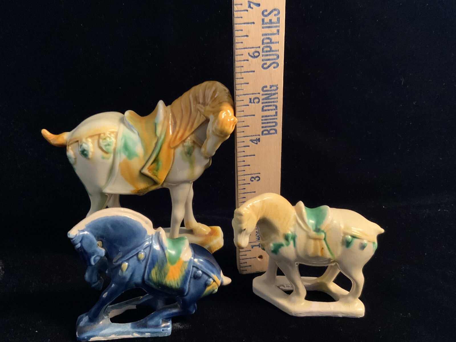 Chinese Tang Dynasty Drip Style Glaze Ceramic Horse Figurines Set of 3 Vintage