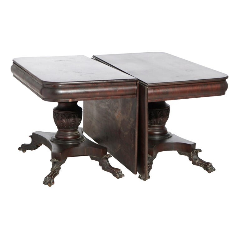 Antique American Empire Greco Flame Mahogany Double Pedestal Banquet Table c1840