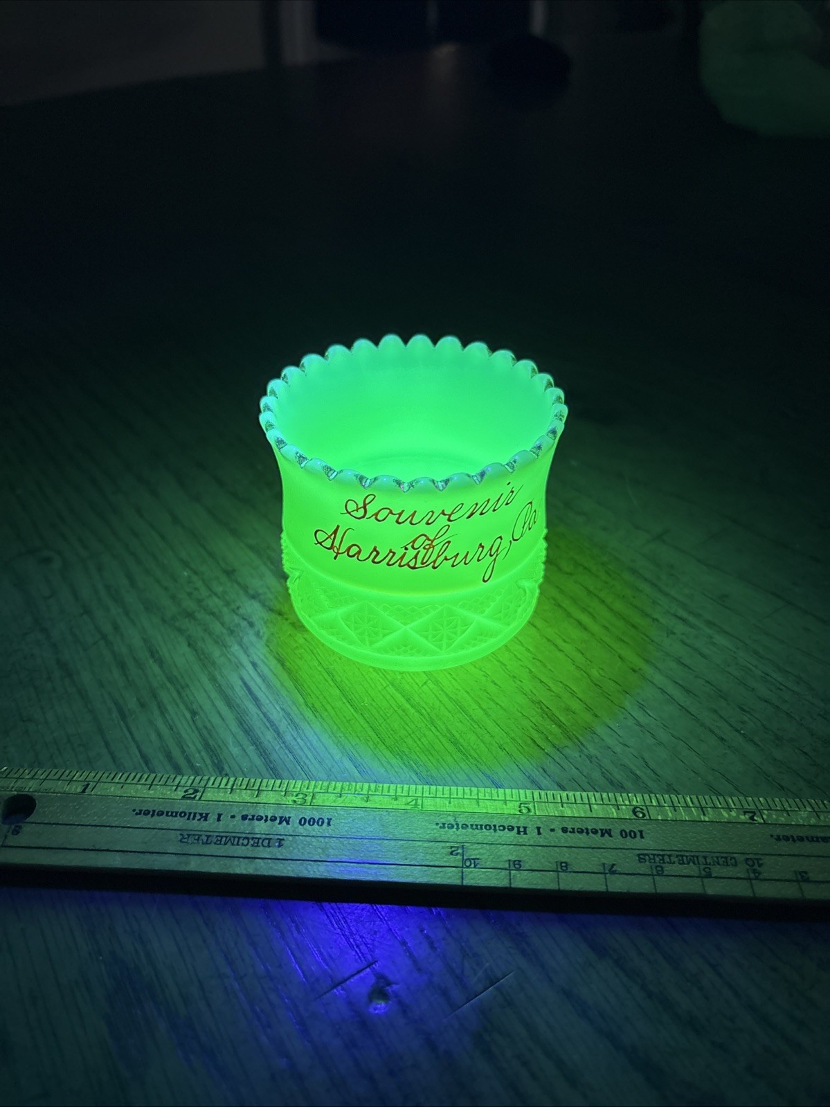 Vintage MCM URANIUM GLASS Cup Custard SOUVENIR Advertising Harrisburg PA