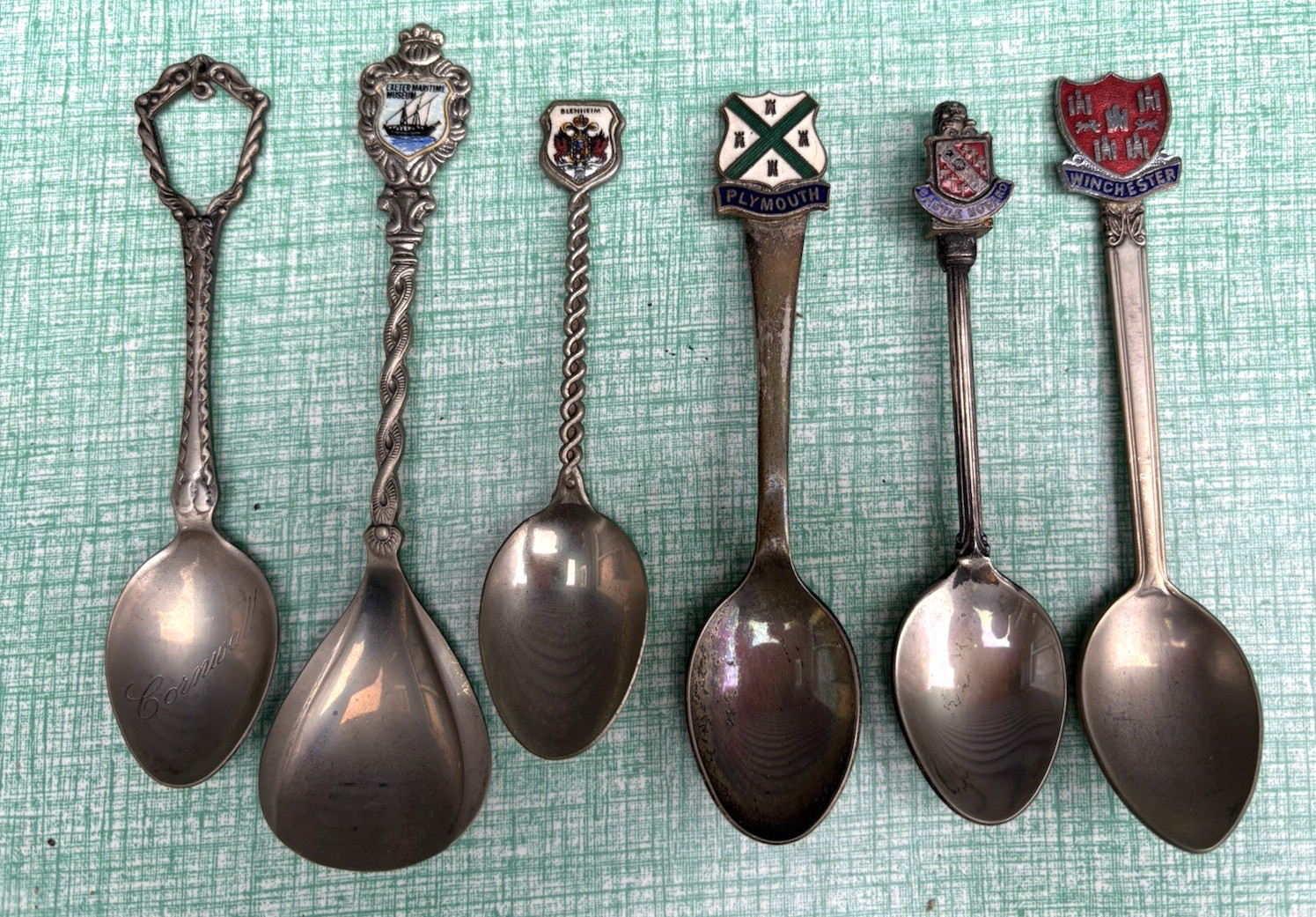 Vintage souvenir spoons EPSN WAPW pewter silver plate England coats of arms