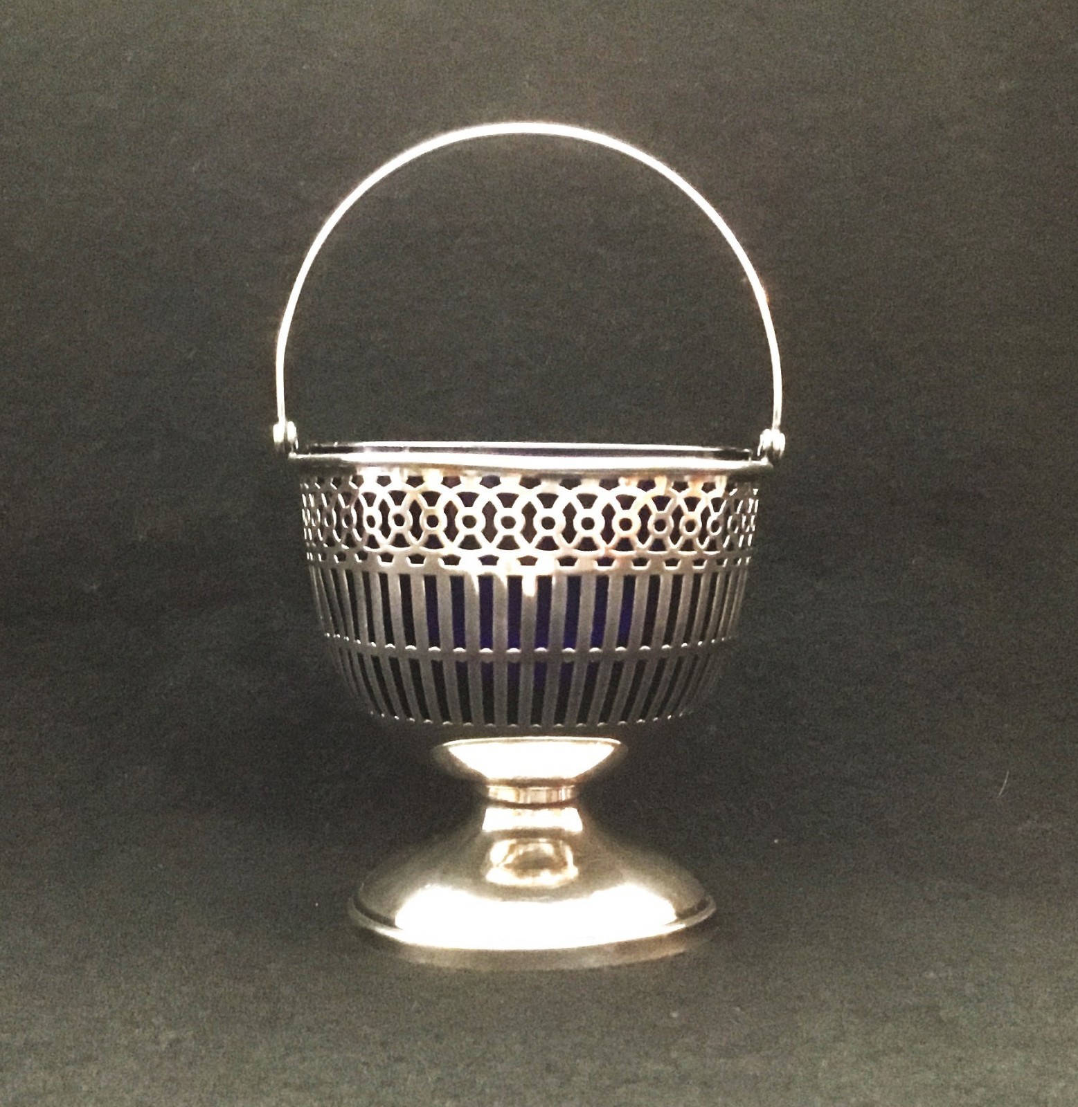 Wallace Sterling Silver Sugar Or Candy Basket Cobalt Blue Glass Insert 10400