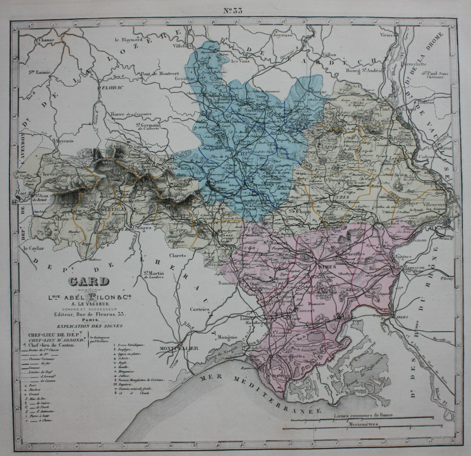 GARD, NIMES, MEDITERRANEAN, FRANCE, original antique map, Le Vasseur 1877